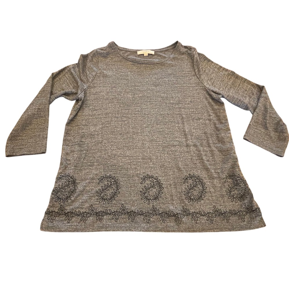 Ann Taylor LOFT Gray Heathered Knit Top Embroidered Hem XL